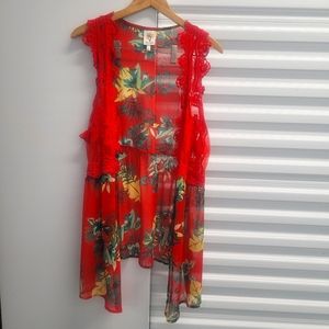 Self Esteem Sheer Vest, Size 1X, Red Floral